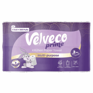 Velveco Prime 2 Ply Kitchen Tissue/Towel Roll 6 Pack, 360 Pulls (6 Rolls x 60 Pulls) Soft and Highly Absorbent | 100% Natural Virgin Cellulose Fiber