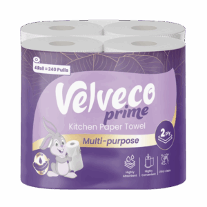 Velveco Prime 2 Ply Kitchen Tissue/Towel Roll 4 Pack, 240 Pulls (4 Rolls x 60 Pulls) Soft and Highly Absorbent | 100% Natural Virgin Cellulose Fiber